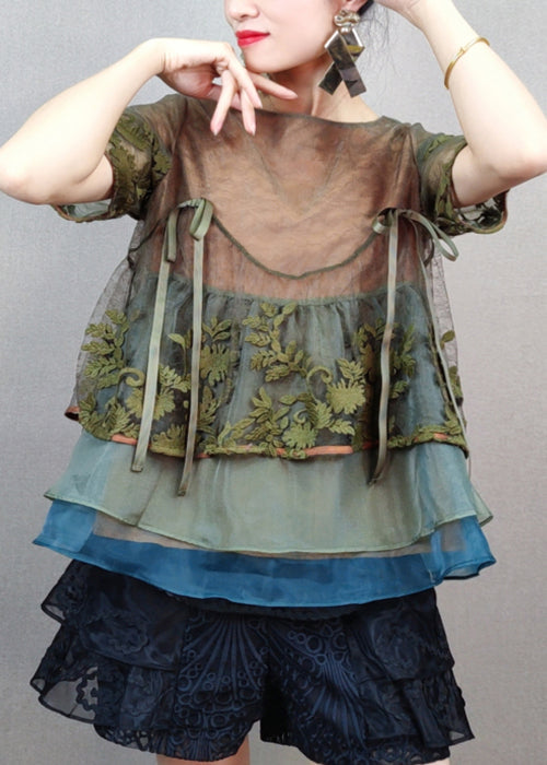Stylish Green Embroidered Patchwork Tulle T Shirts Summer