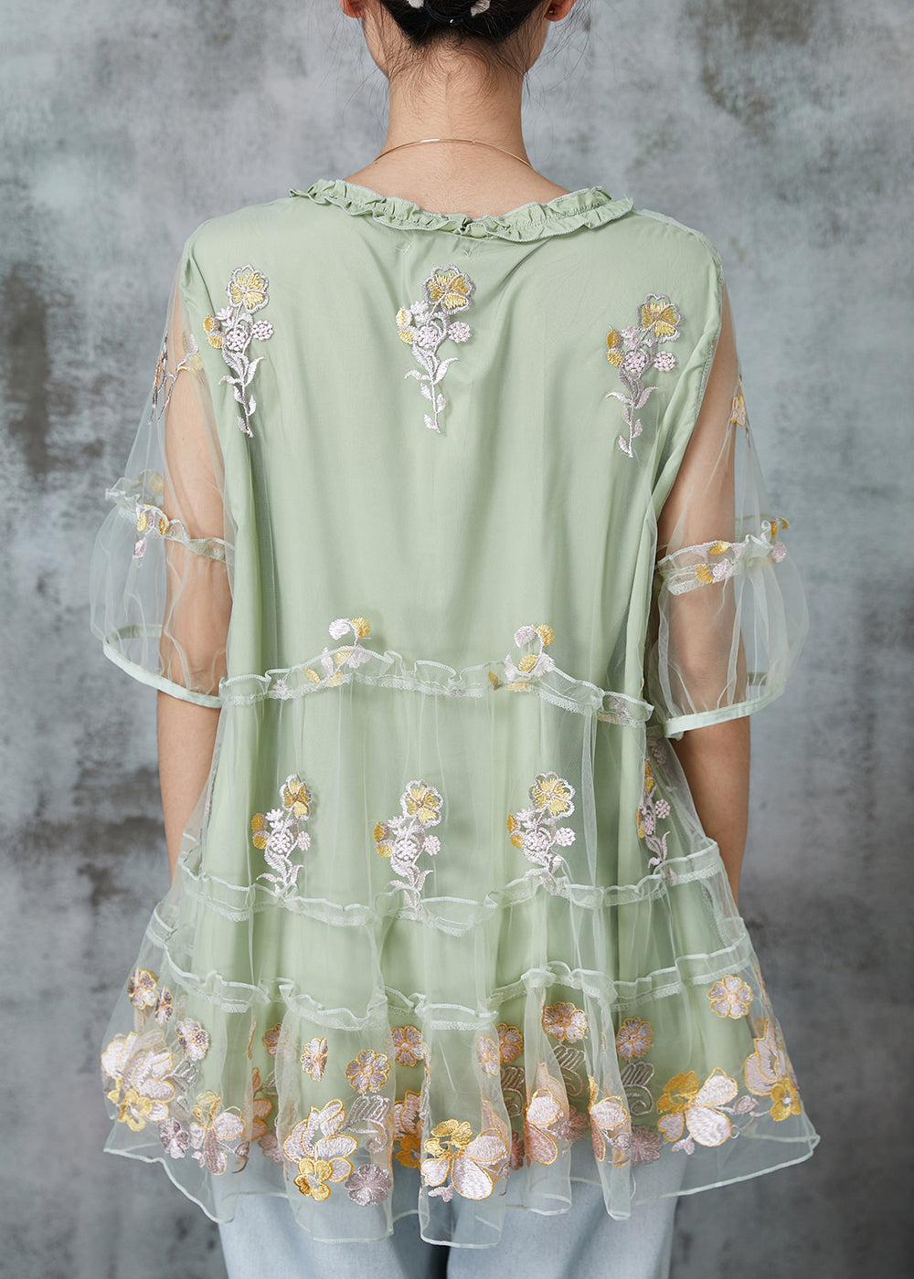 Stylish Green Embroidered Ruffled Tulle Blouse Tops Summer