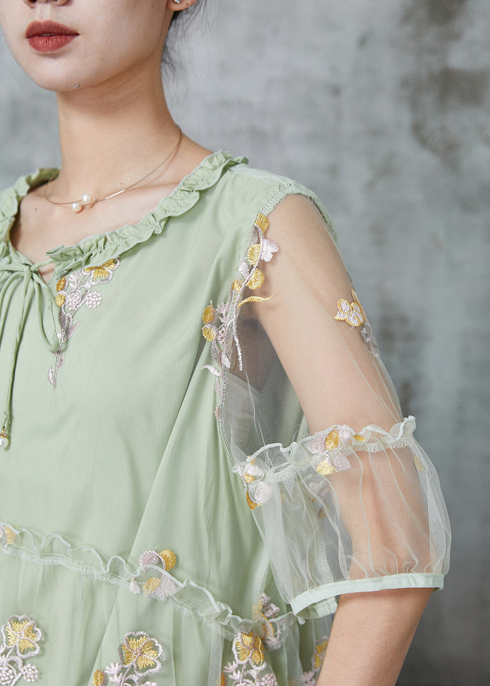Stylish Green Embroidered Ruffled Tulle Blouse Tops Summer