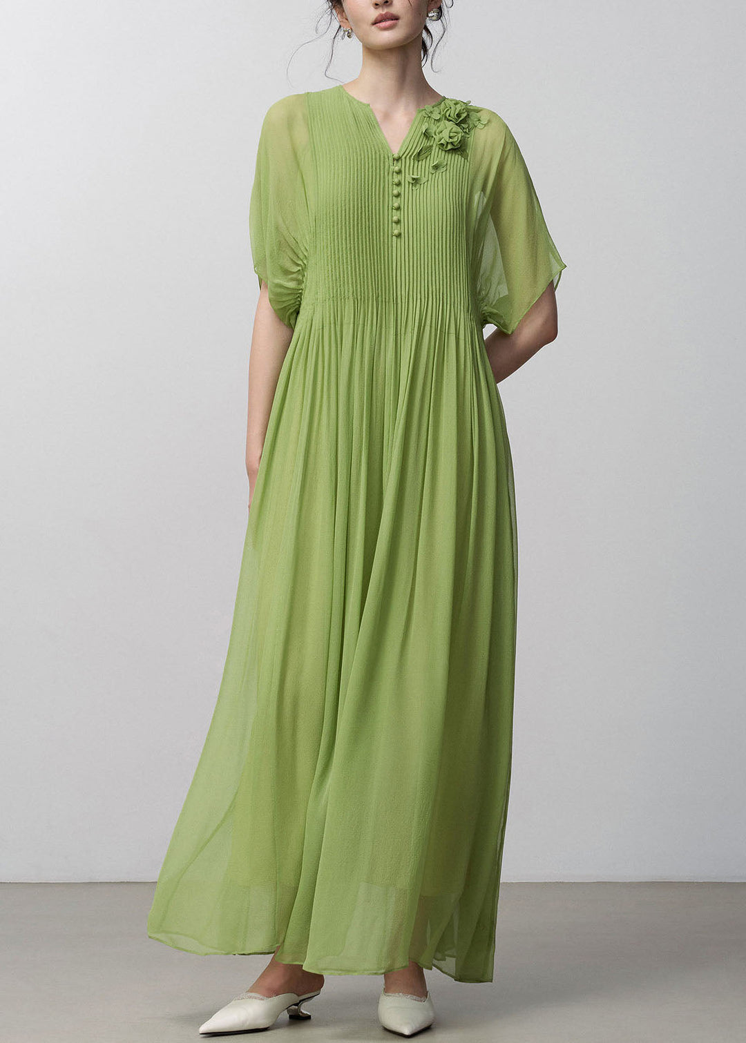 Stylish Green Floral Wrinkled Silk Long Dress Set Summer