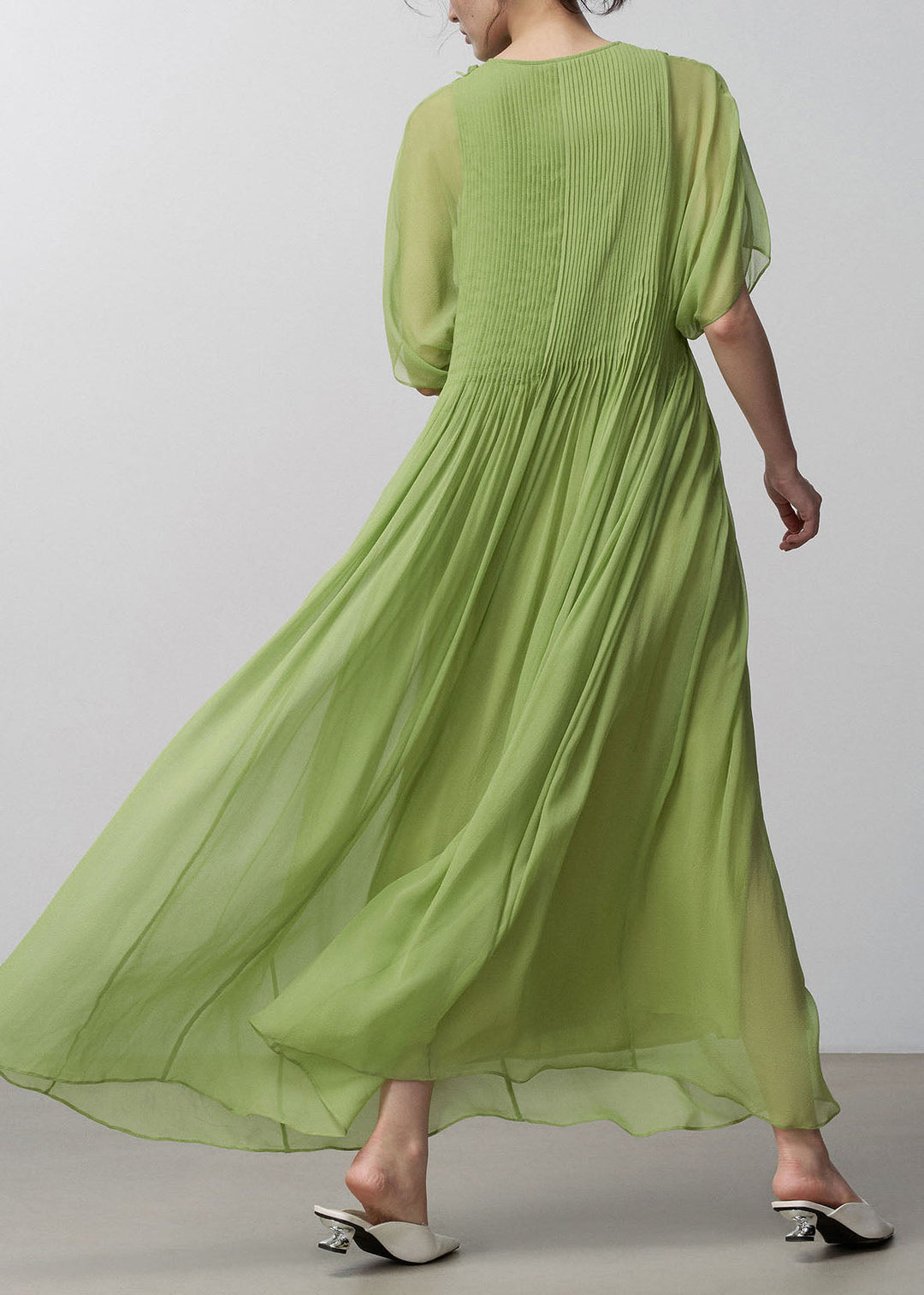 Stylish Green Floral Wrinkled Silk Long Dress Set Summer