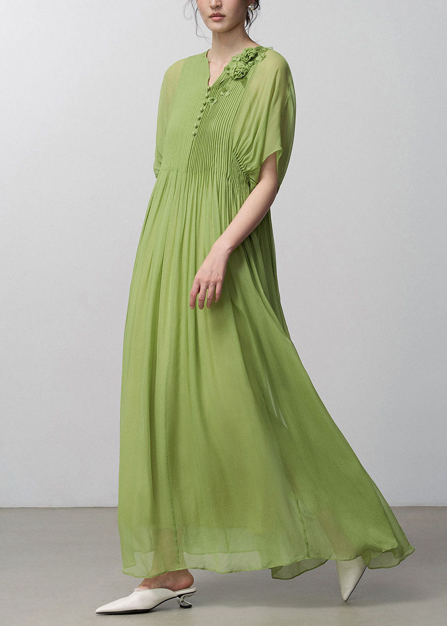 Stylish Green Floral Wrinkled Silk Long Dress Set Summer