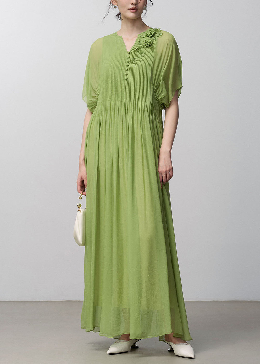 Stylish Green Floral Wrinkled Silk Long Dress Set Summer
