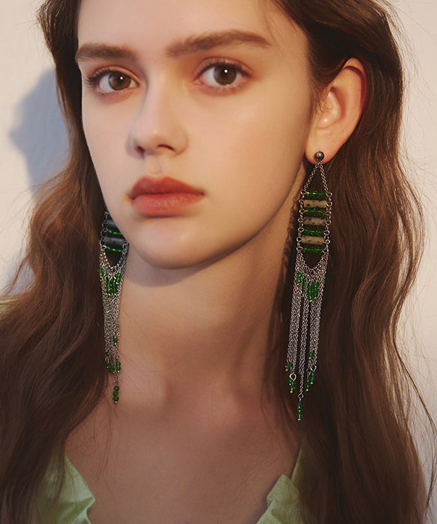 Stylish Green Gem Stone Tassels Exaggeration Silver Plated Drop Earrings