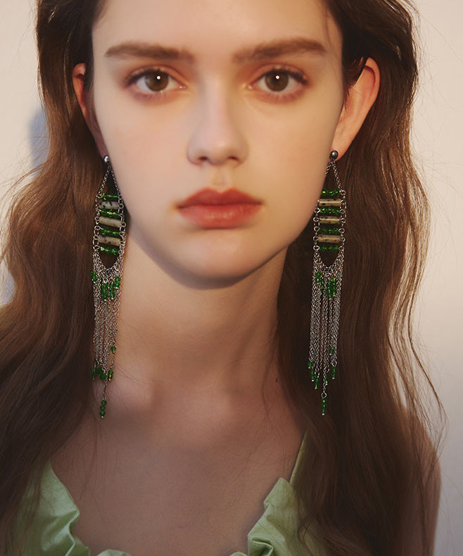 Stylish Green Gem Stone Tassels Exaggeration Silver Plated Drop Earrings