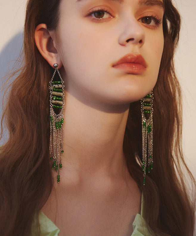 Stylish Green Gem Stone Tassels Exaggeration Silver Plated Drop Earrings