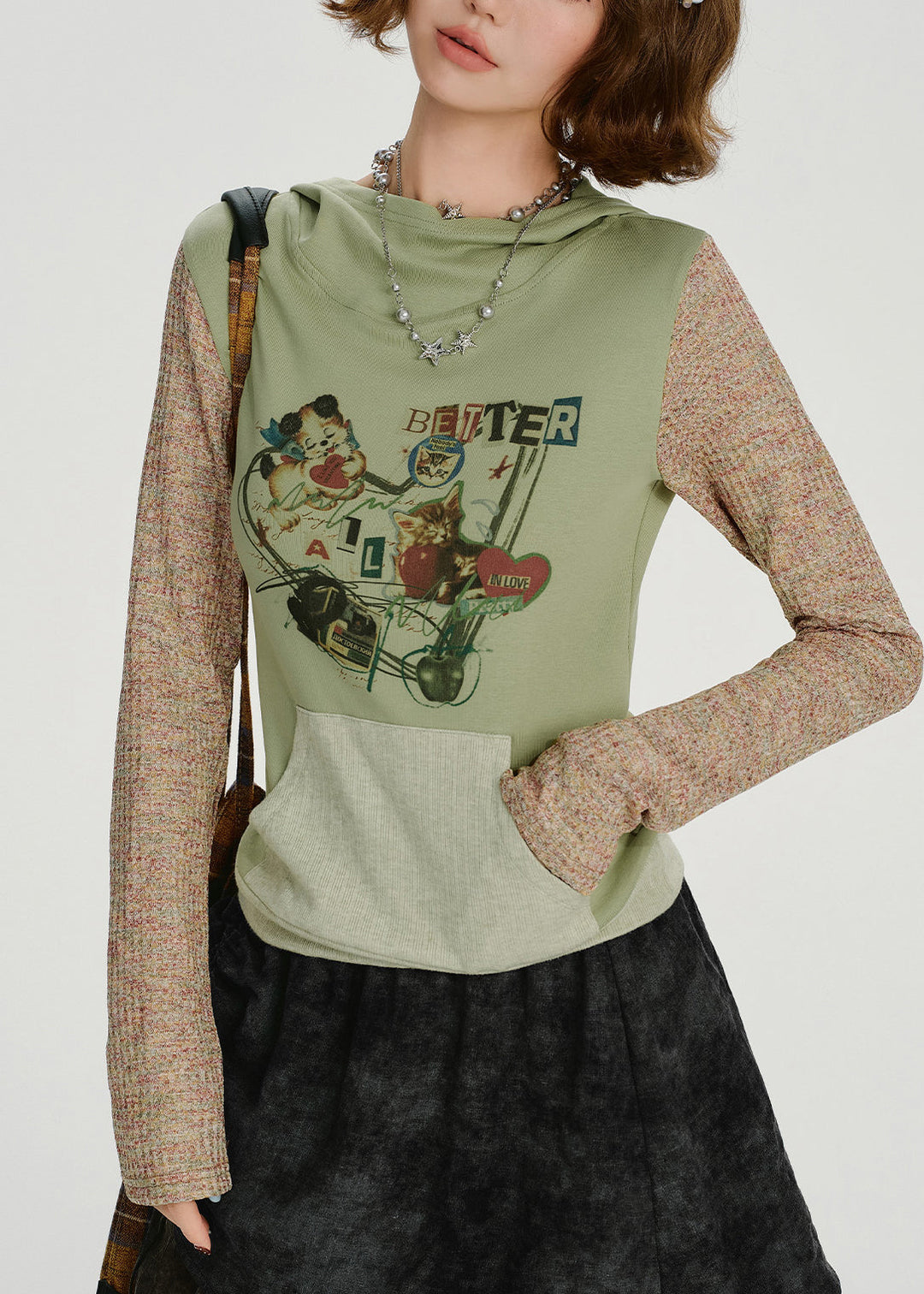 Stylish Green Hooded Patchwork Cotton Sweatshirts Top Spring