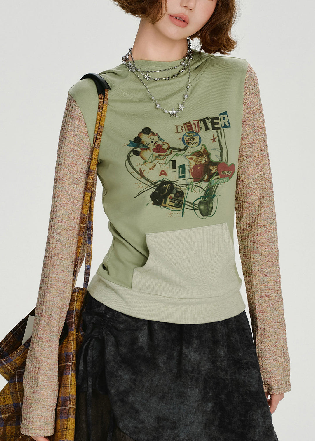 Stylish Green Hooded Patchwork Cotton Sweatshirts Top Spring