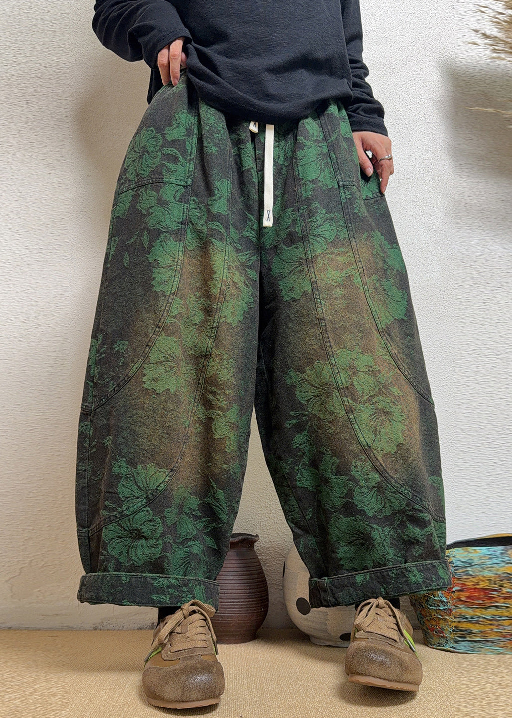 Stylish Green Jacquard Pockets Patchwork Denim Harem Pants Fall