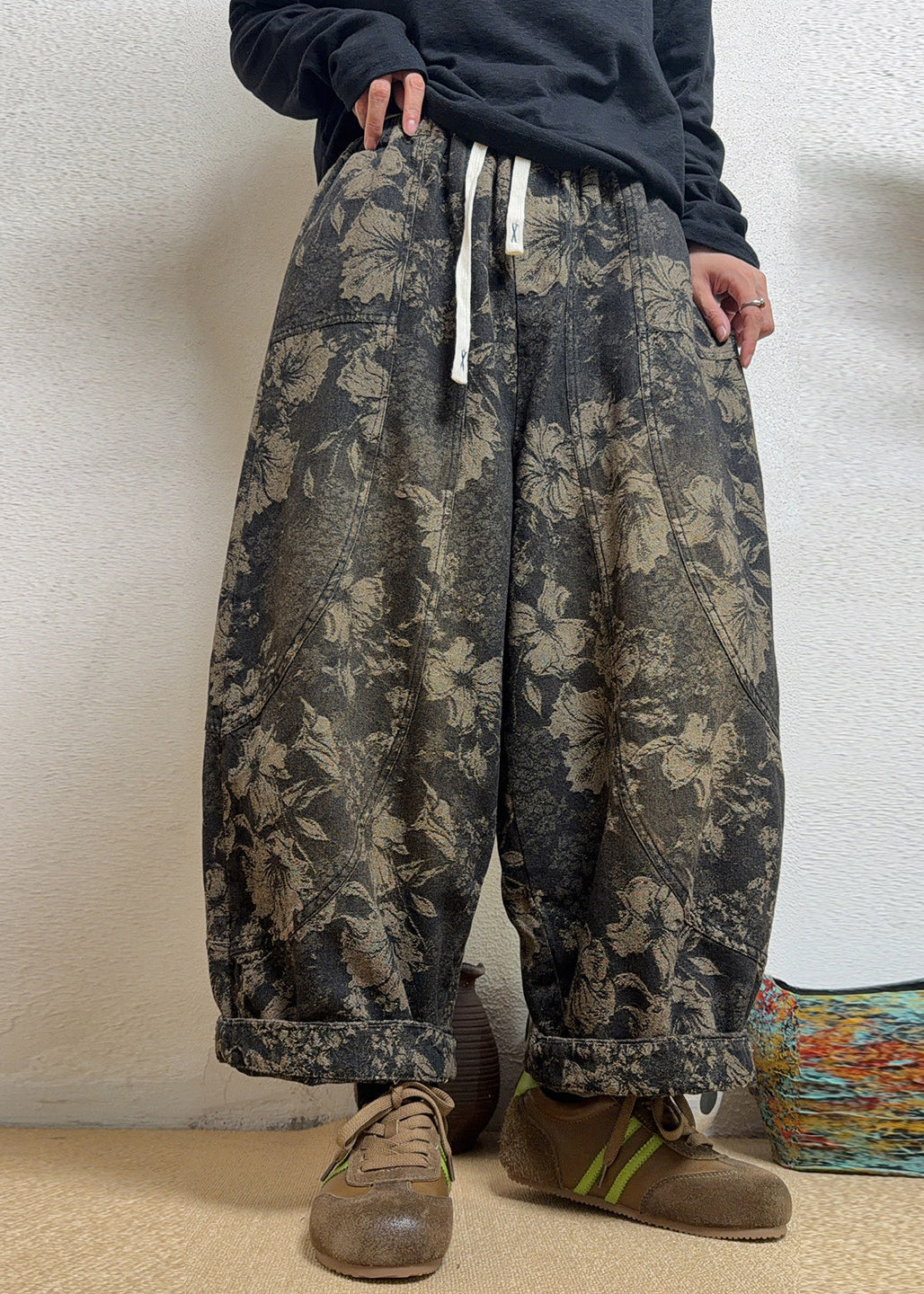 Stylish Green Jacquard Pockets Patchwork Denim Harem Pants Fall