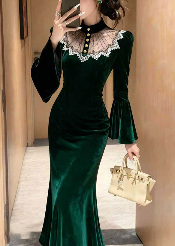 Stylish Green Lace Patchwork Silk Velvet Long Dress Flare Sleeve