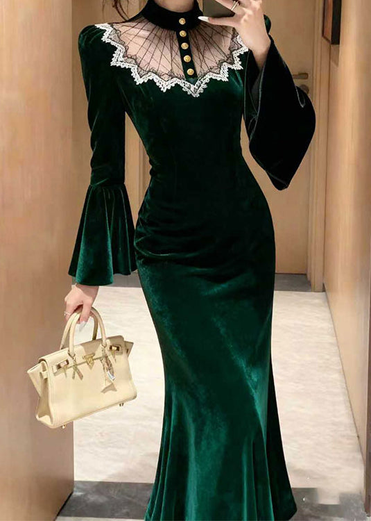 Stylish Green Lace Patchwork Silk Velvet Long Dress Flare Sleeve