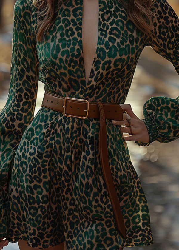 Stylish Green Leopard V Neck Cotton Mini Dress Long Sleeve
