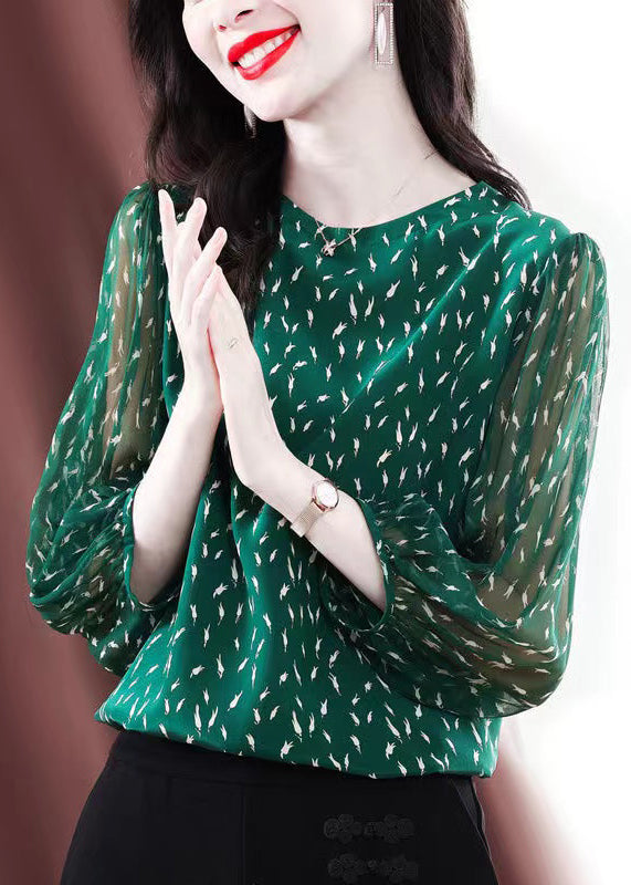 Stylish Green O-Neck Print Chiffon Shirt Bracelet Sleeve