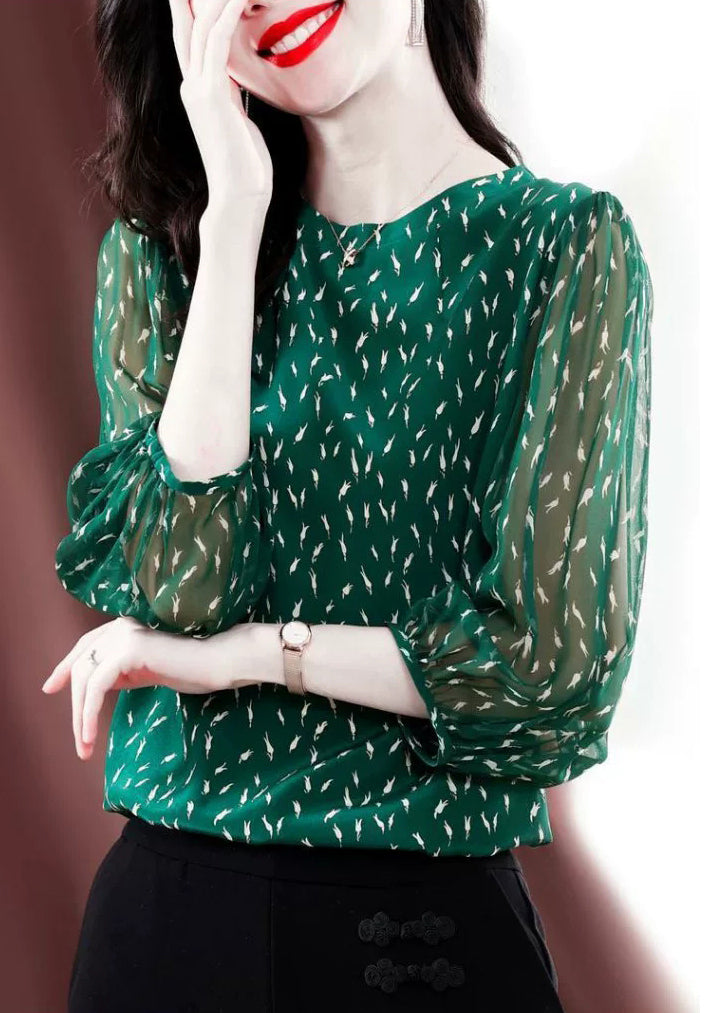 Stylish Green O-Neck Print Chiffon Shirt Bracelet Sleeve