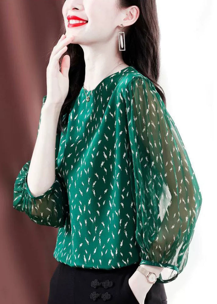 Stylish Green O-Neck Print Chiffon Shirt Bracelet Sleeve