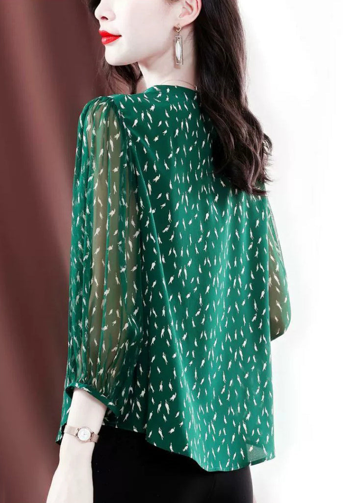 Stylish Green O-Neck Print Chiffon Shirt Bracelet Sleeve