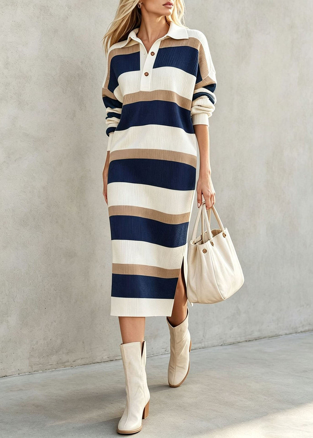 Stylish Green Oversized Striped Long Knit Dress Fall
