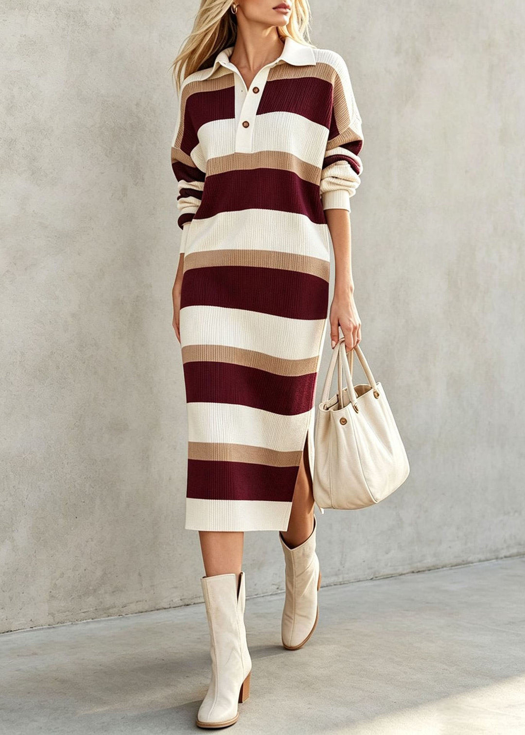Stylish Green Oversized Striped Long Knit Dress Fall