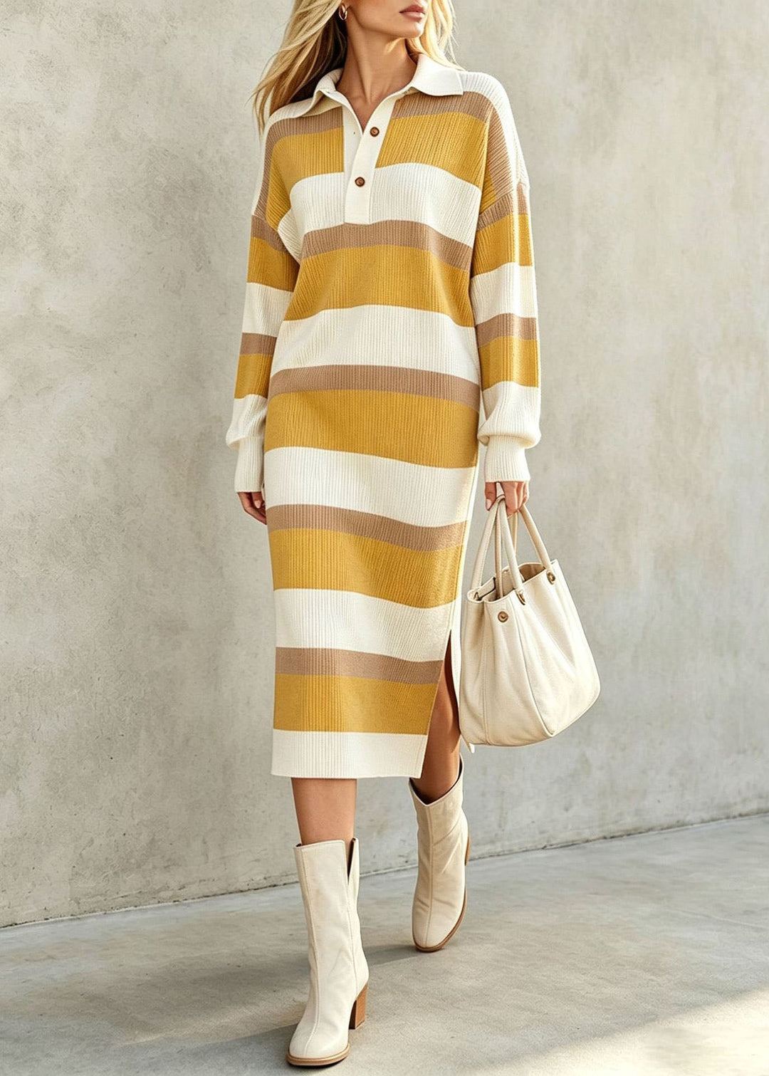 Stylish Green Oversized Striped Long Knit Dress Fall