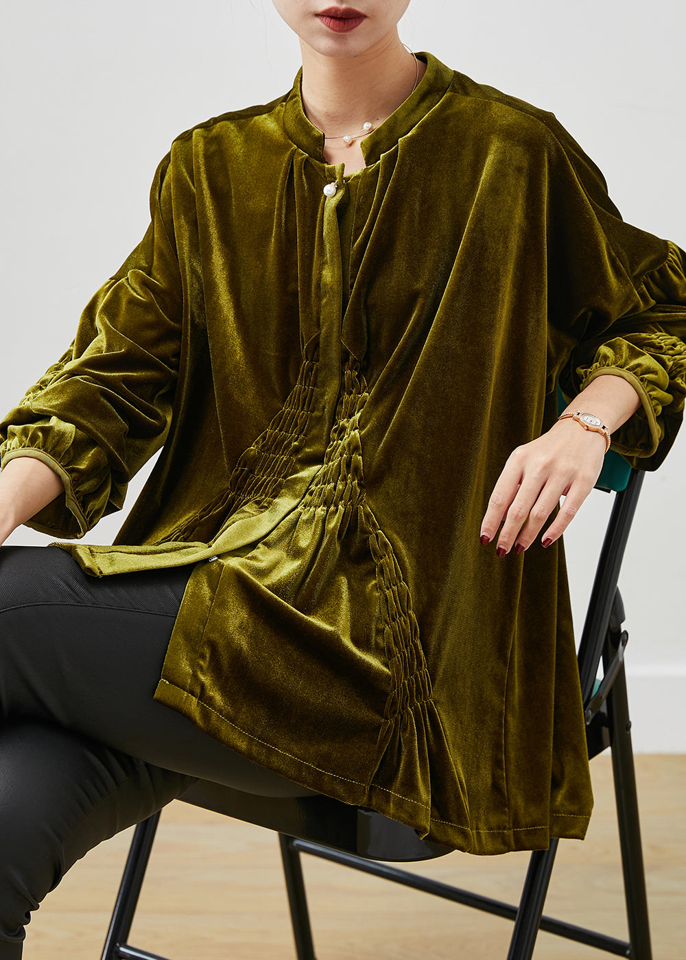 Stylish Green Oversized Wrinkled Silk Velour Shirt Spring