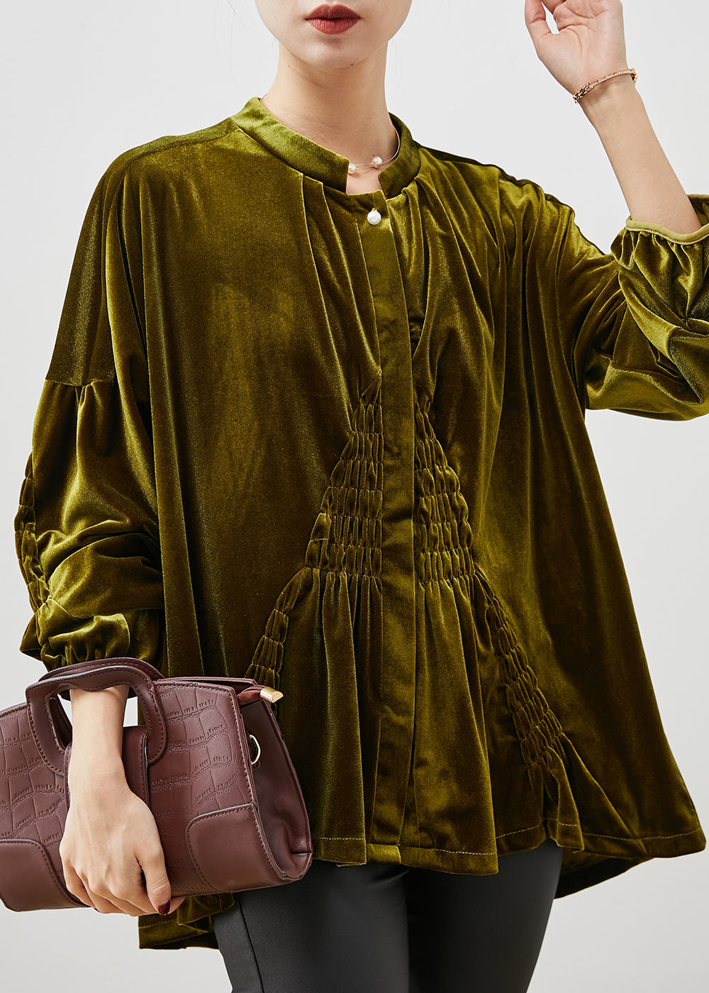 Stylish Green Oversized Wrinkled Silk Velour Shirt Spring