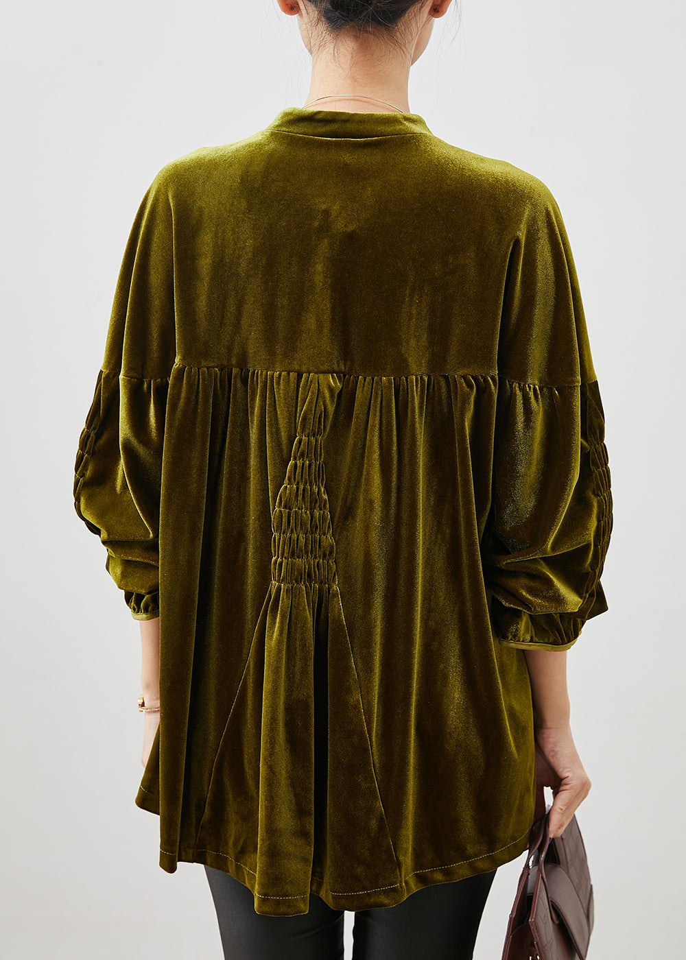 Stylish Green Oversized Wrinkled Silk Velour Shirt Spring