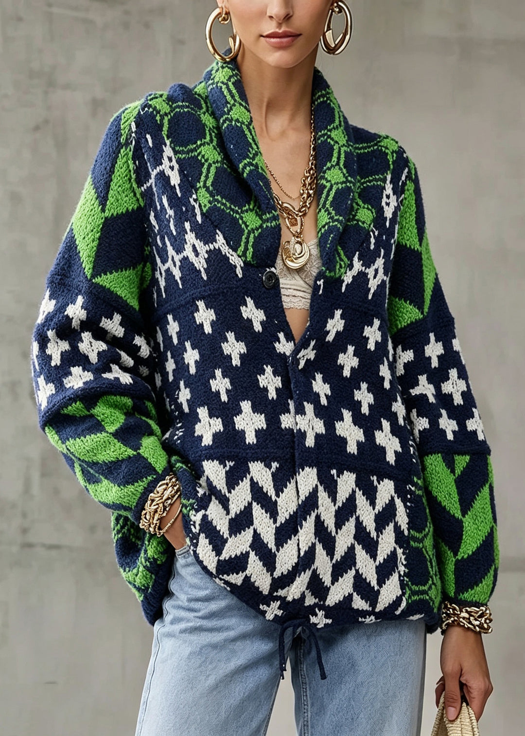 Stylish Green Peter Pan Collar Print Knit Sweaters Fall