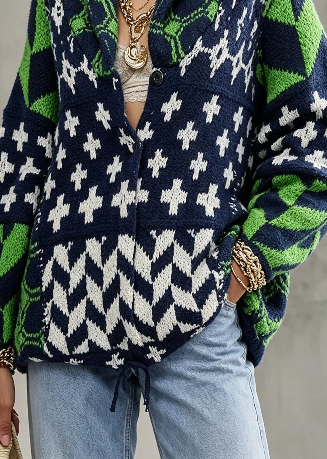 Stylish Green Peter Pan Collar Print Knit Sweaters Fall