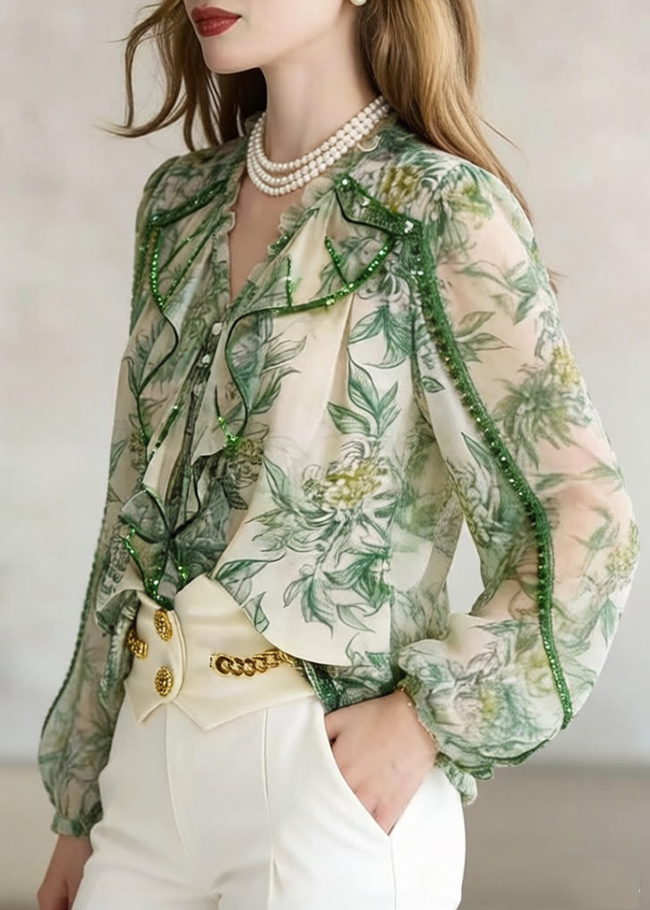 Stylish Green Ruffled Print Patchwork Chiffon Blouse Spring
