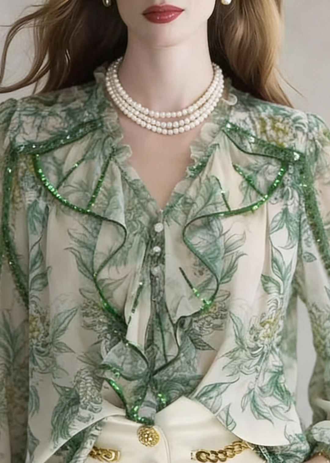 Stylish Green Ruffled Print Patchwork Chiffon Blouse Spring