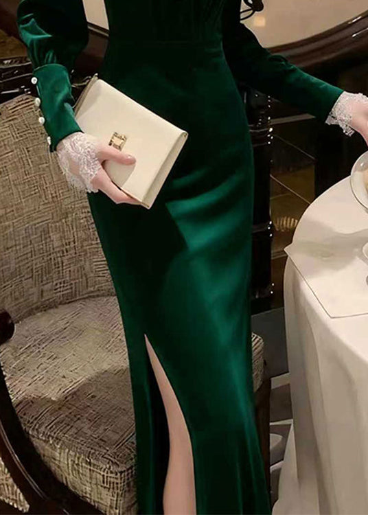 Stylish Green Side Open Slim Fit Silk Velvet Long Dress Winter