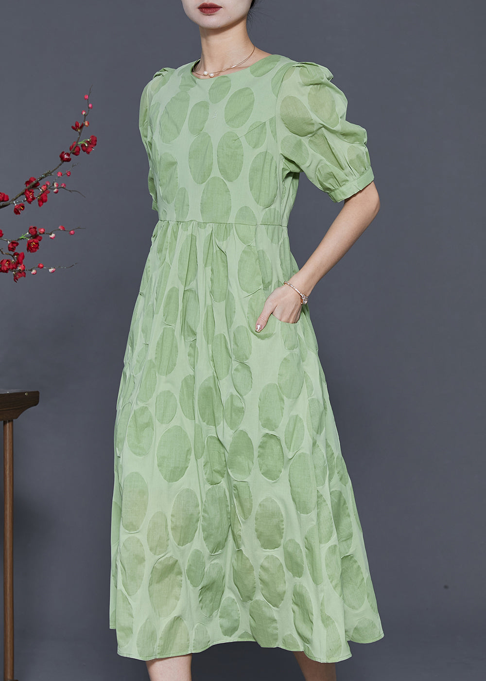 Stylish Green Silm Fit Cotton Long Dress Puff Sleeve