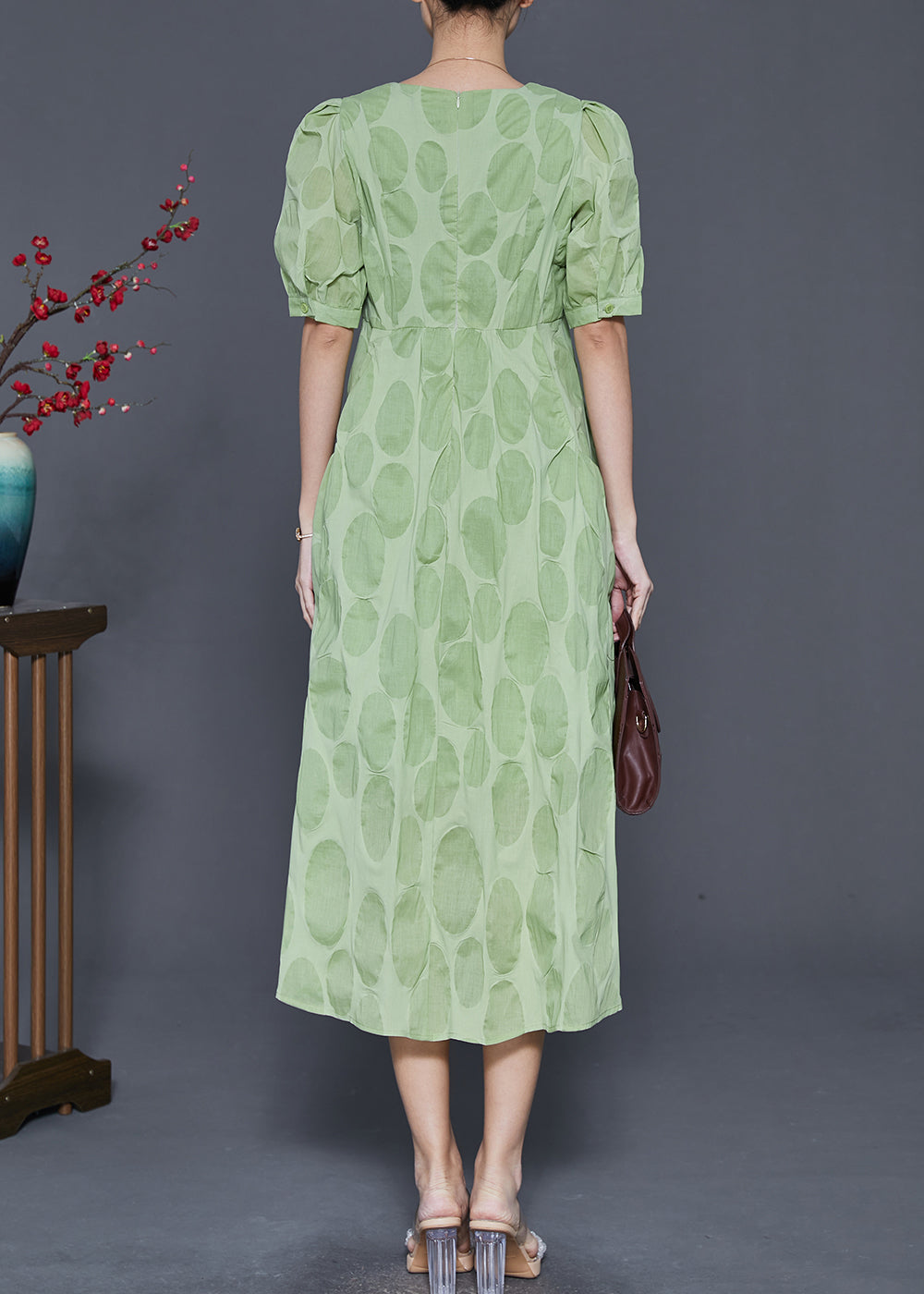 Stylish Green Silm Fit Cotton Long Dress Puff Sleeve