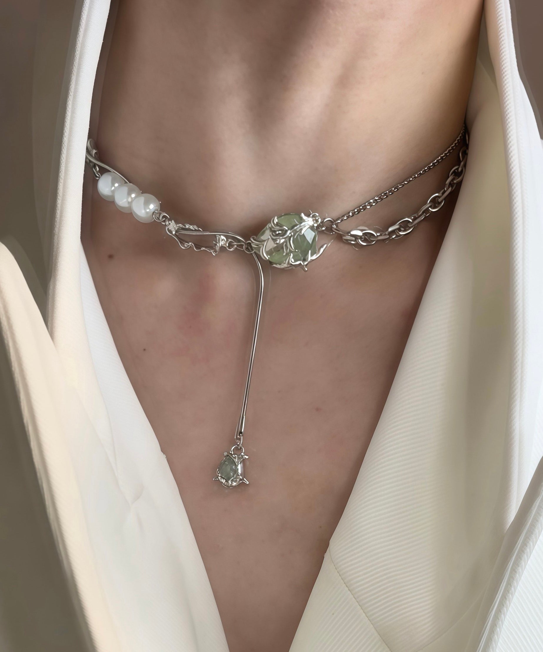 Stylish Green Stainless Steel Pearl Jade Bamboo Joint Water Droplet Tassel Lariat Necklace - Omychic