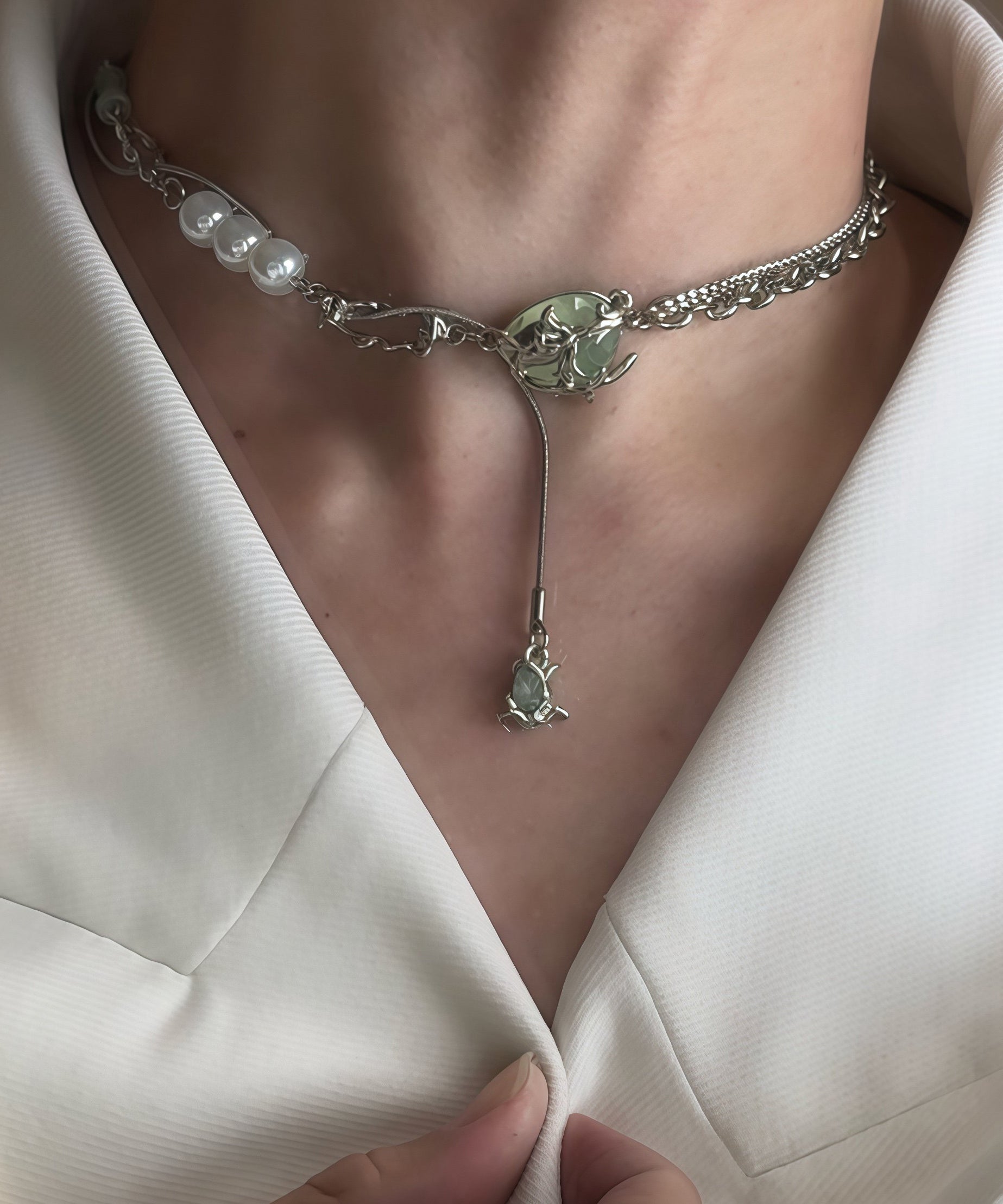 Stylish Green Stainless Steel Pearl Jade Bamboo Joint Water Droplet Tassel Lariat Necklace - Omychic