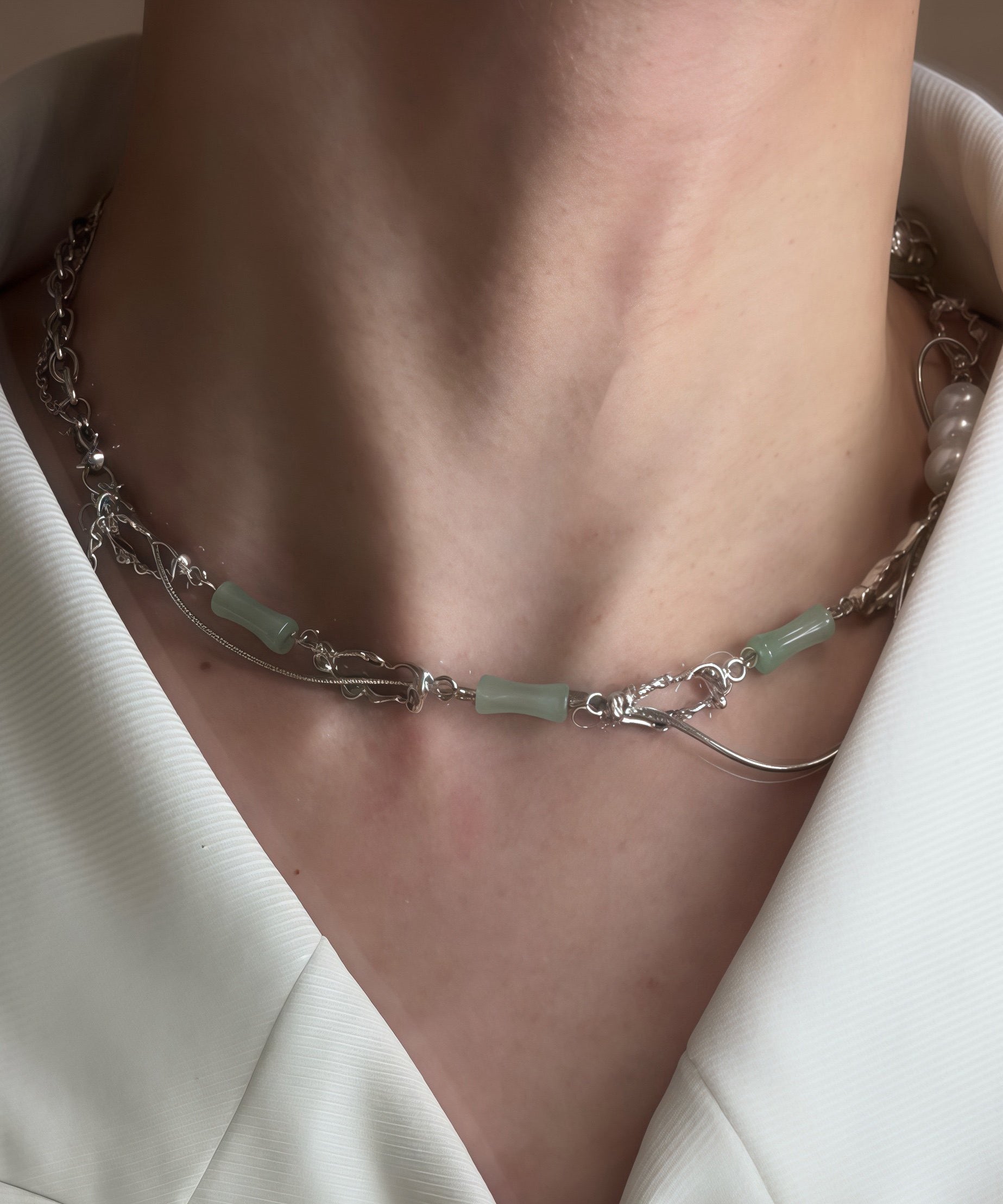 Stylish Green Stainless Steel Pearl Jade Bamboo Joint Water Droplet Tassel Lariat Necklace - Omychic