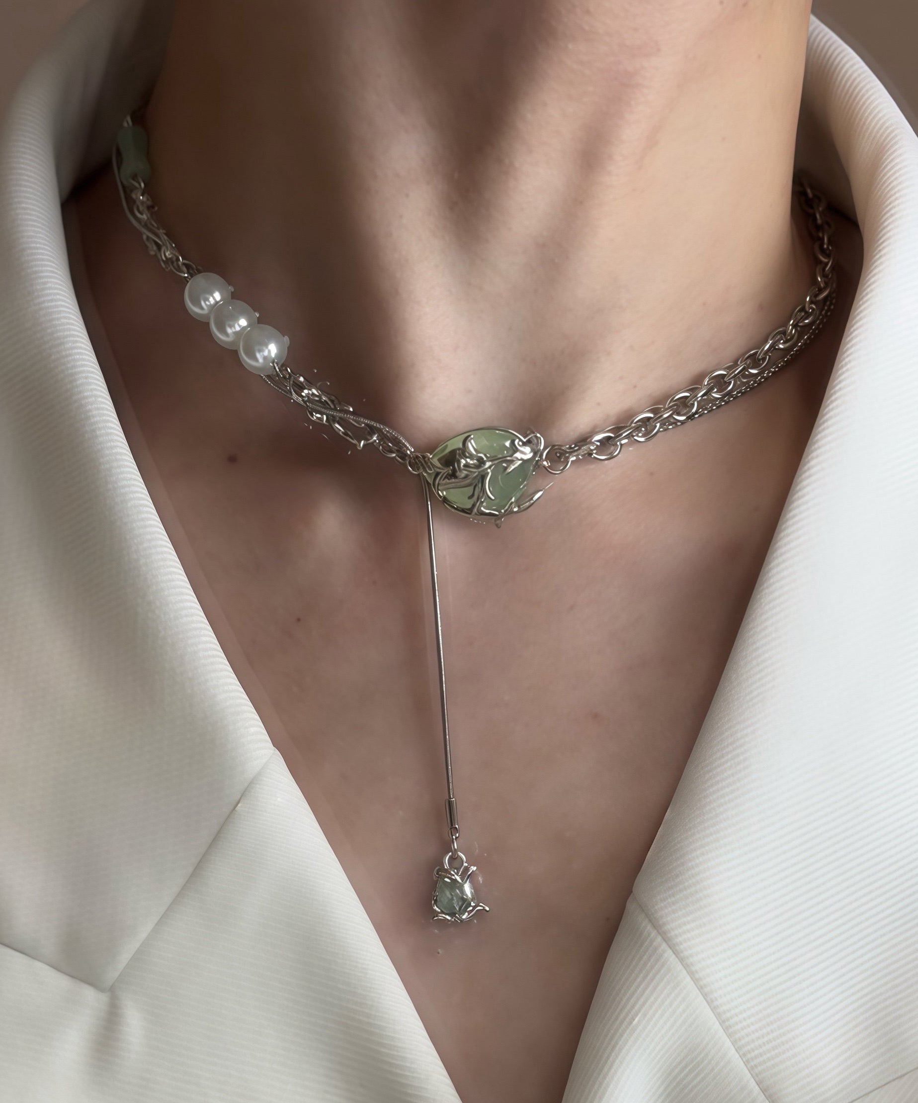 Stylish Green Stainless Steel Pearl Jade Bamboo Joint Water Droplet Tassel Lariat Necklace - Omychic