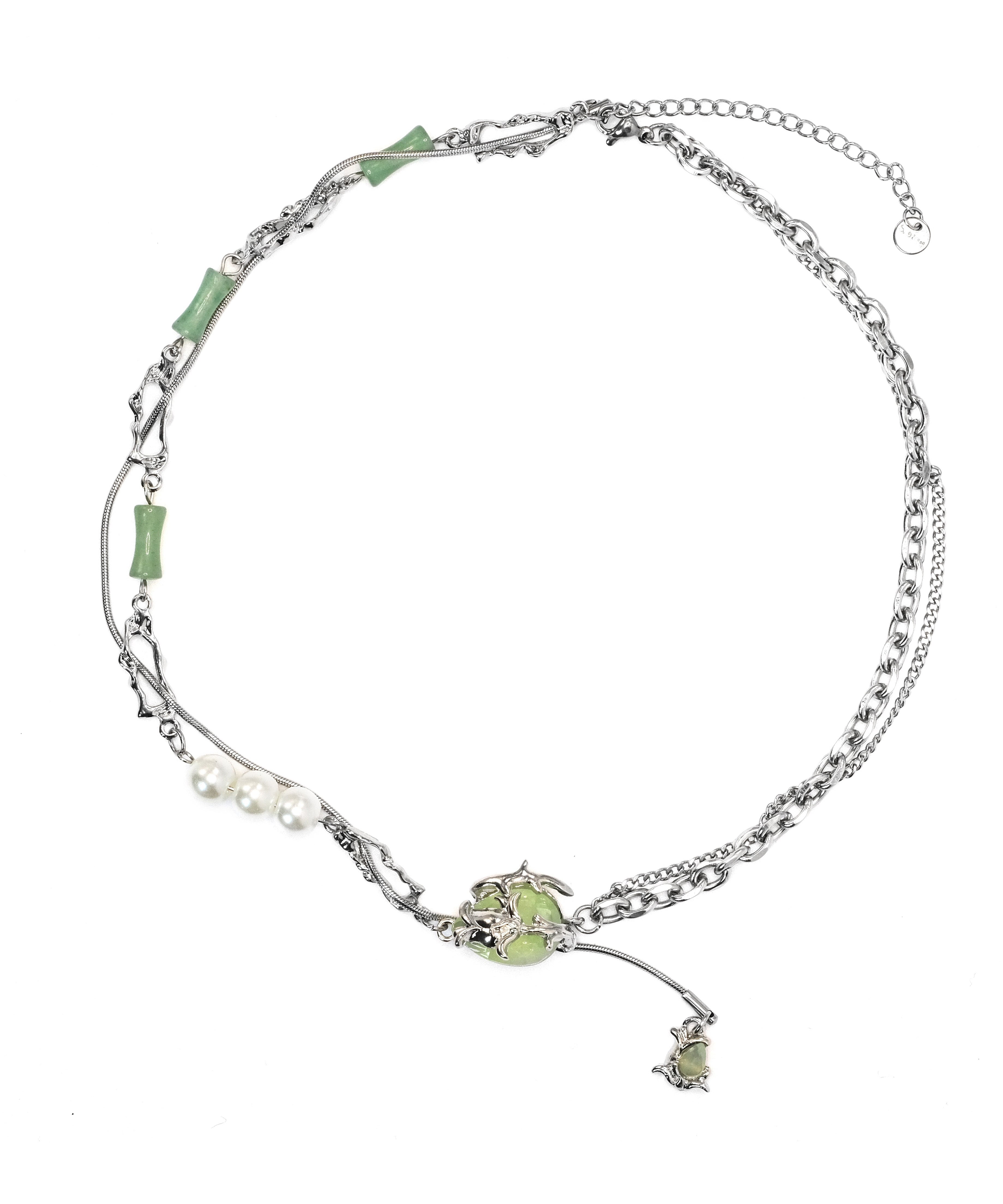 Stylish Green Stainless Steel Pearl Jade Bamboo Joint Water Droplet Tassel Lariat Necklace - Omychic