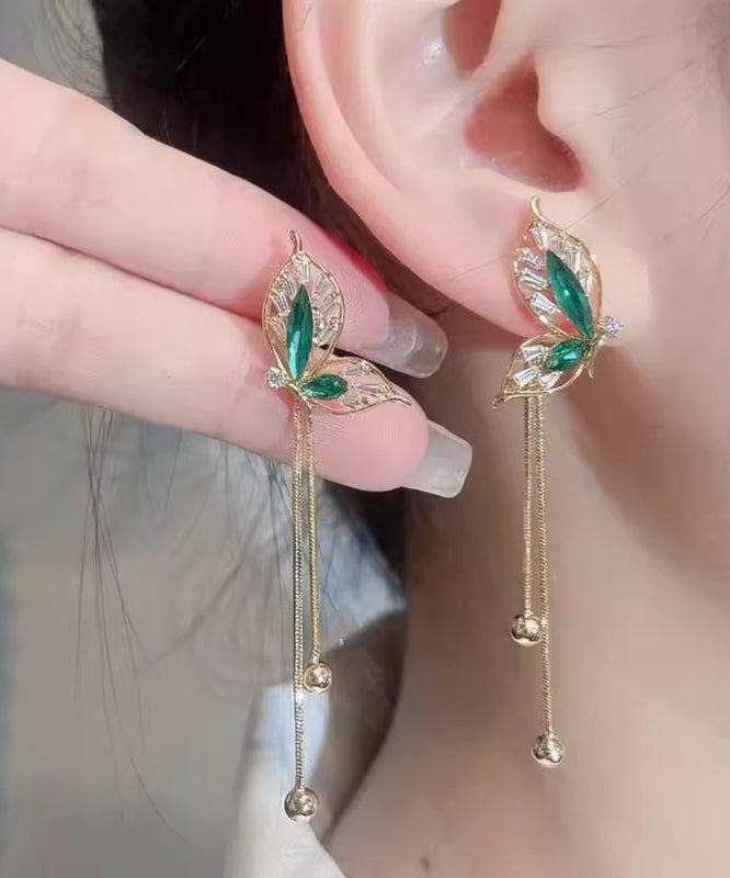 Stylish Green Sterling Silver Overgild Butterfly Tassel Drop Earrings - Omychic