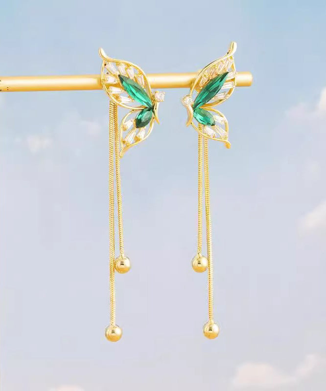 Stylish Green Sterling Silver Overgild Butterfly Tassel Drop Earrings - Omychic