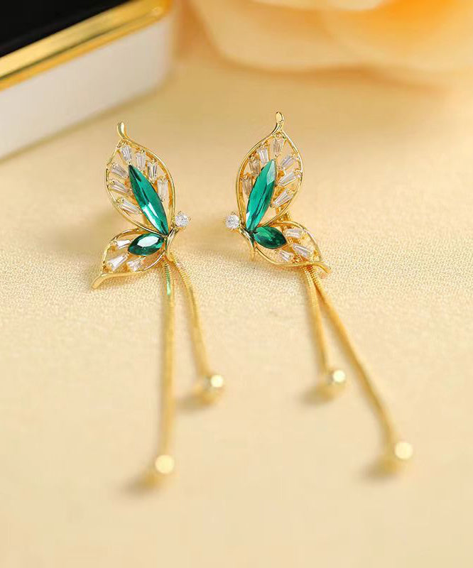 Stylish Green Sterling Silver Overgild Butterfly Tassel Drop Earrings - Omychic