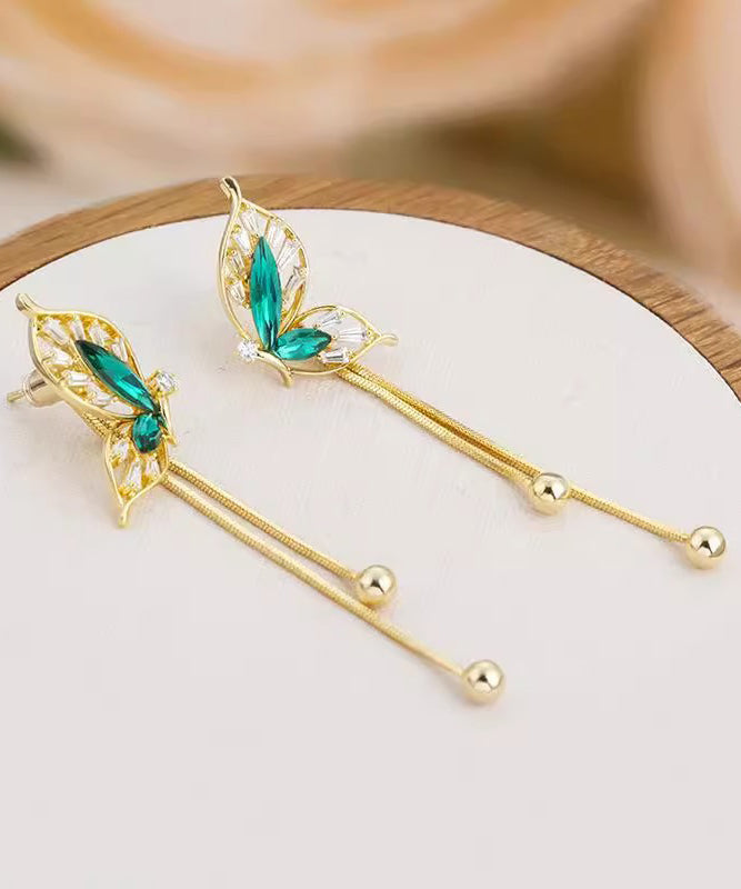 Stylish Green Sterling Silver Overgild Butterfly Tassel Drop Earrings - Omychic