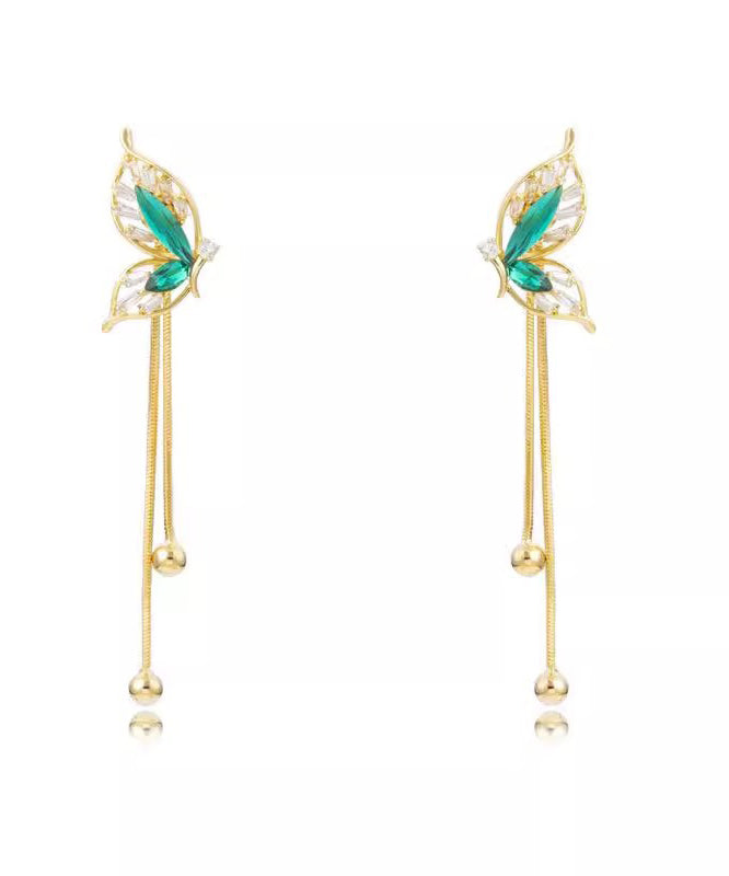Stylish Green Sterling Silver Overgild Butterfly Tassel Drop Earrings - Omychic