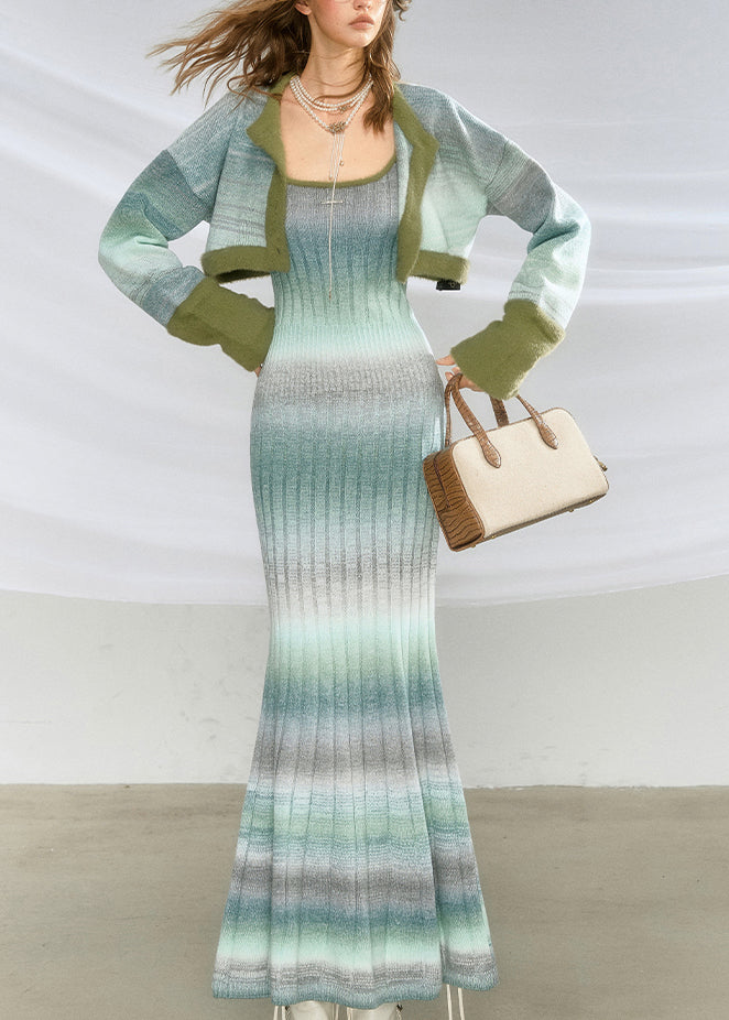 Stylish Green Striped Knit Cardigans And Long Spaghetti Strap Dress Two-Piece Set