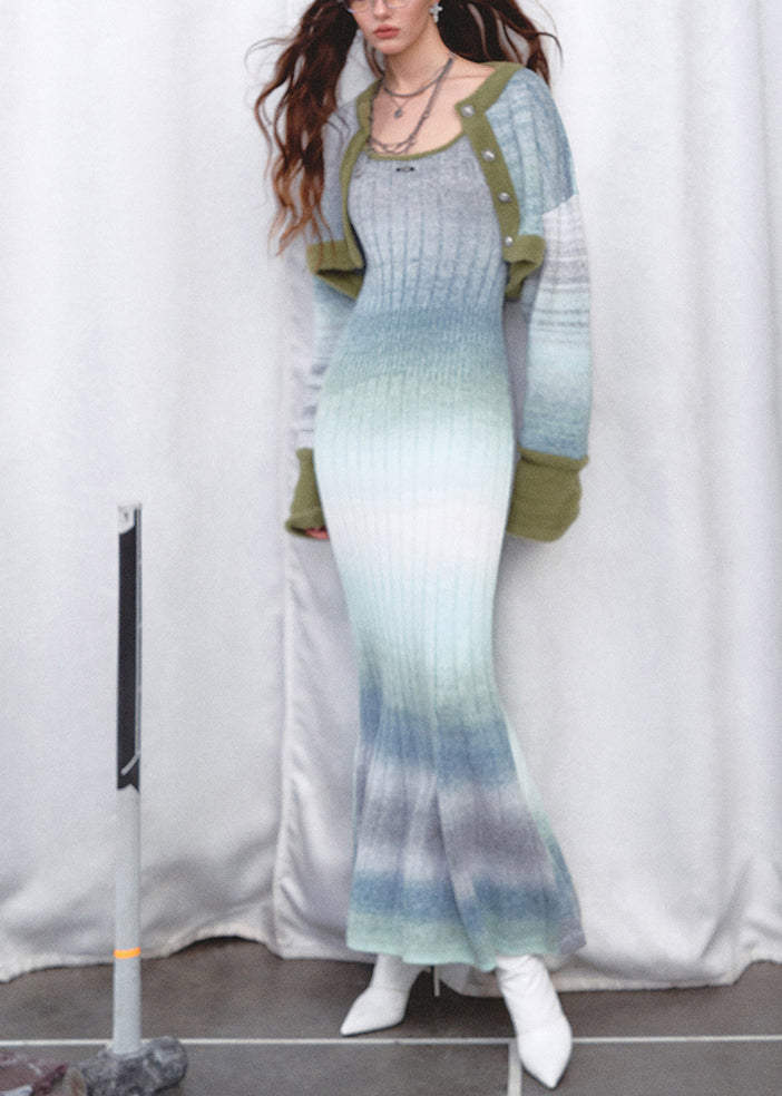 Stylish Green Striped Knit Cardigans And Long Spaghetti Strap Dress Two-Piece Set