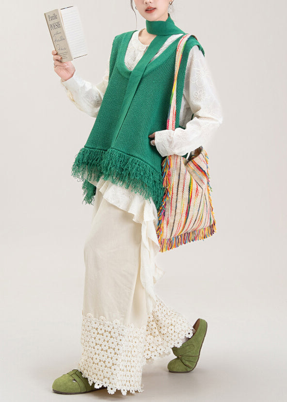 Stylish Green Tasseled Knit Vest And Apricot Wide Leg Pants Three Pieces Set