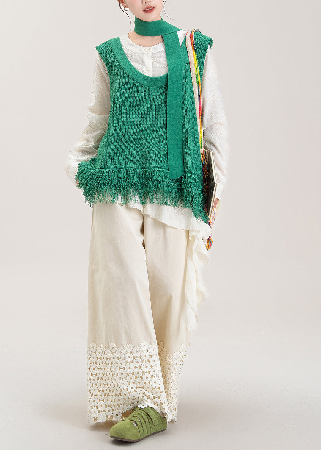 Stylish Green Tasseled Knit Vest And Apricot Wide Leg Pants Three Pieces Set