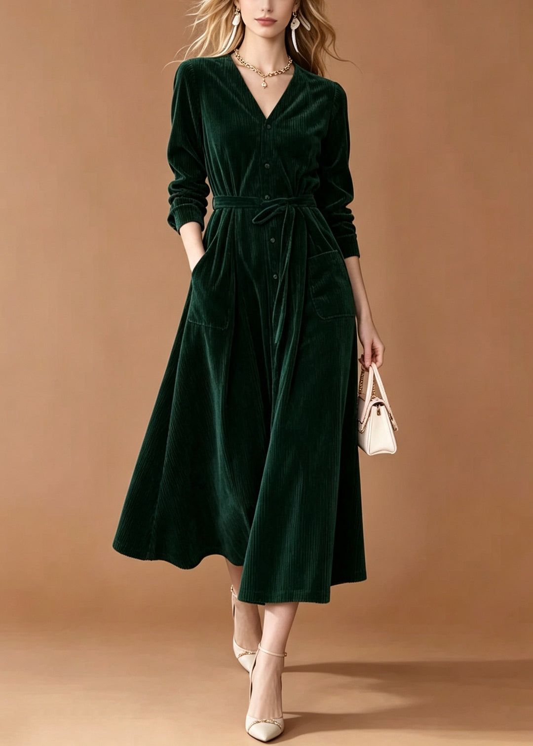 Stylish Green V Neck Corduroy Maxi Dresses Fall