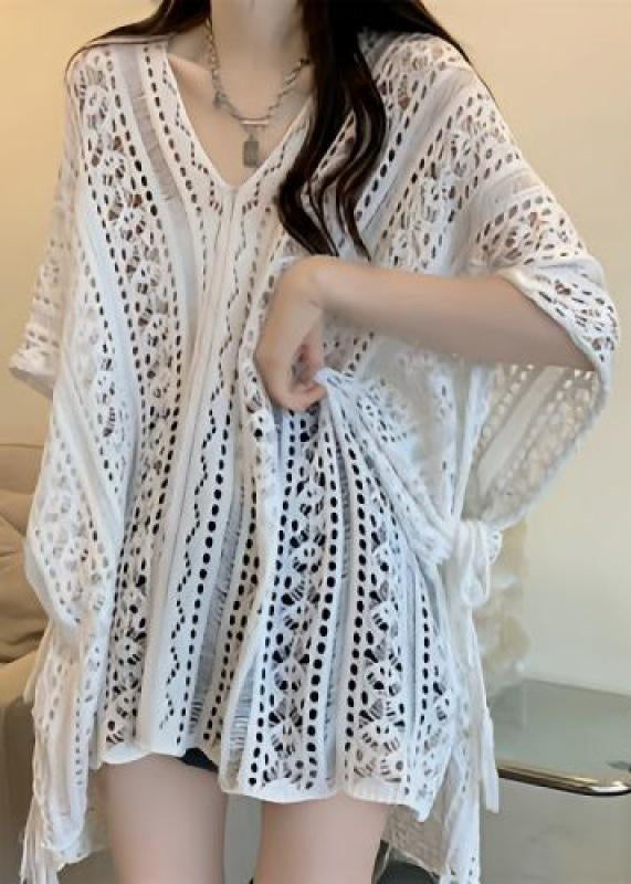 Stylish Green V Neck Hollow Out Knit Shirt Tops Summer